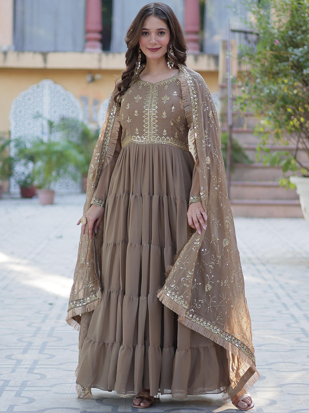 

JATRIQQ Women Embroidered Flared Maxi Ethnic Dress With Dupatta, Beige