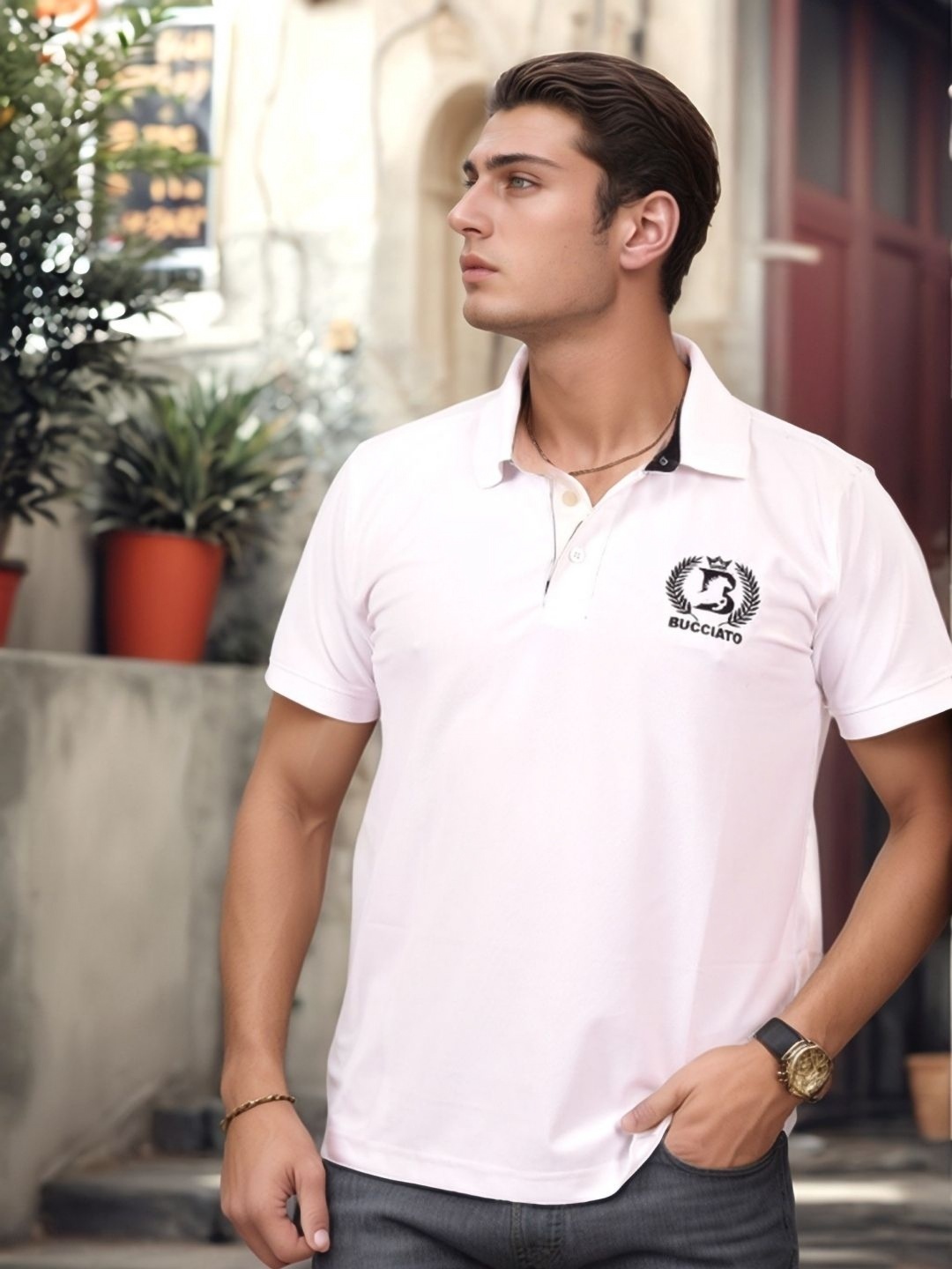 

Bucciato Private Limited Men Solid Polo Collar Cotton Slim Fit T-shirt, White