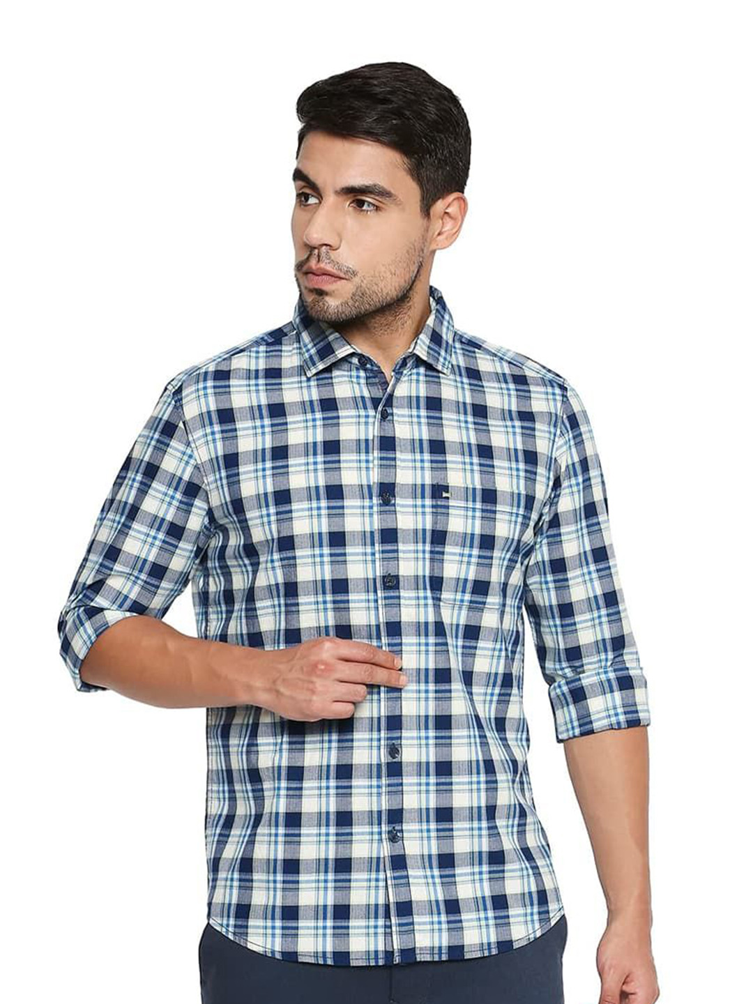 

Basics Men Relaxed Fit Spread Collar Tartan Checked Cotton Casual Shirt, Navy blue