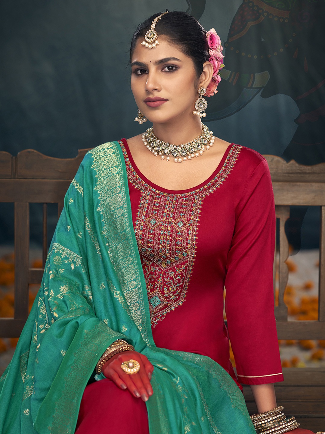 

Anouk Red Zari Ethnic Motifs Embroidered Unstitched Dress Material