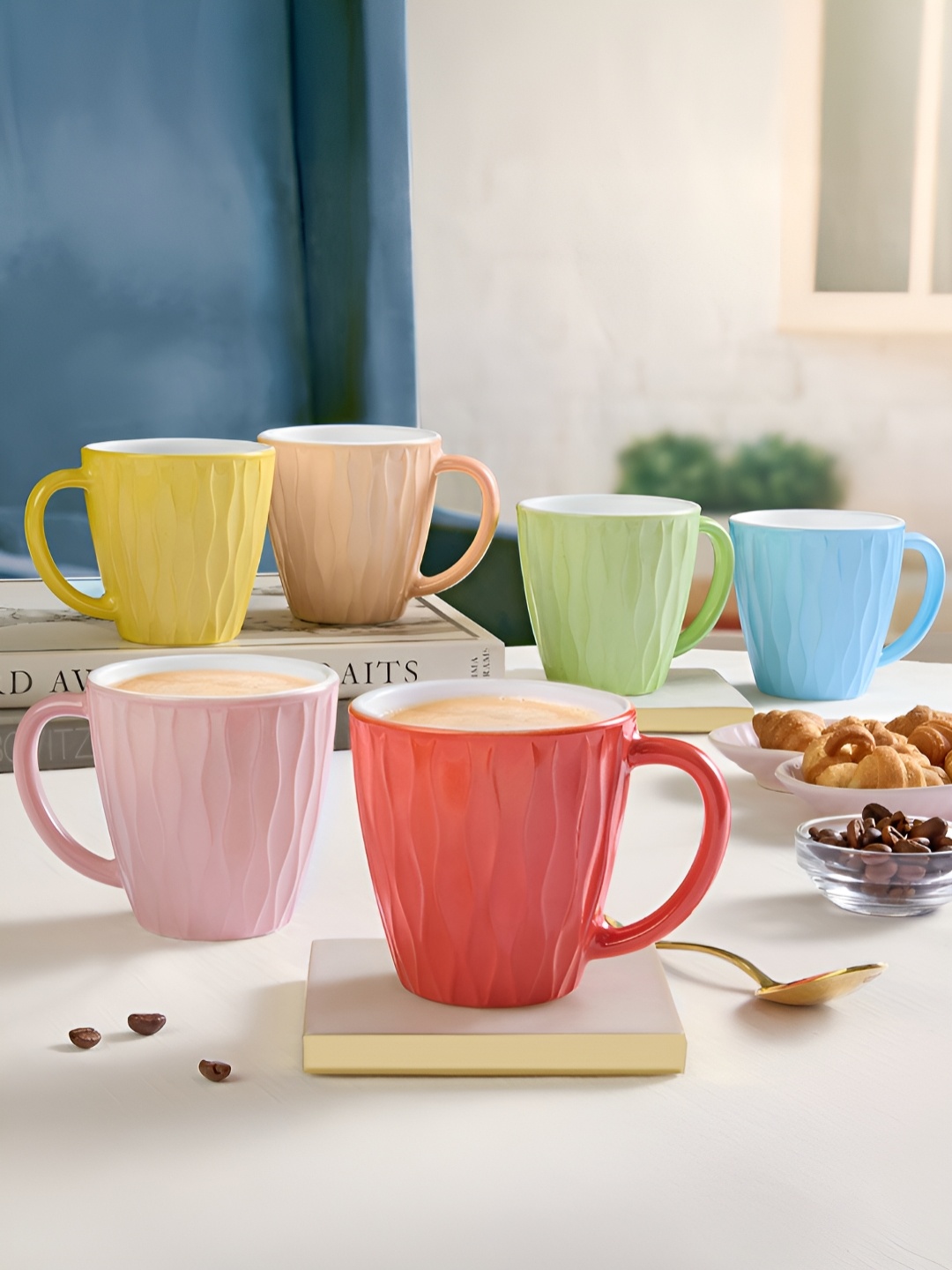

Larah by BOROSIL Yellow And Blue 6 Pieces Textured Opalware Glossy Mugs 200 ml