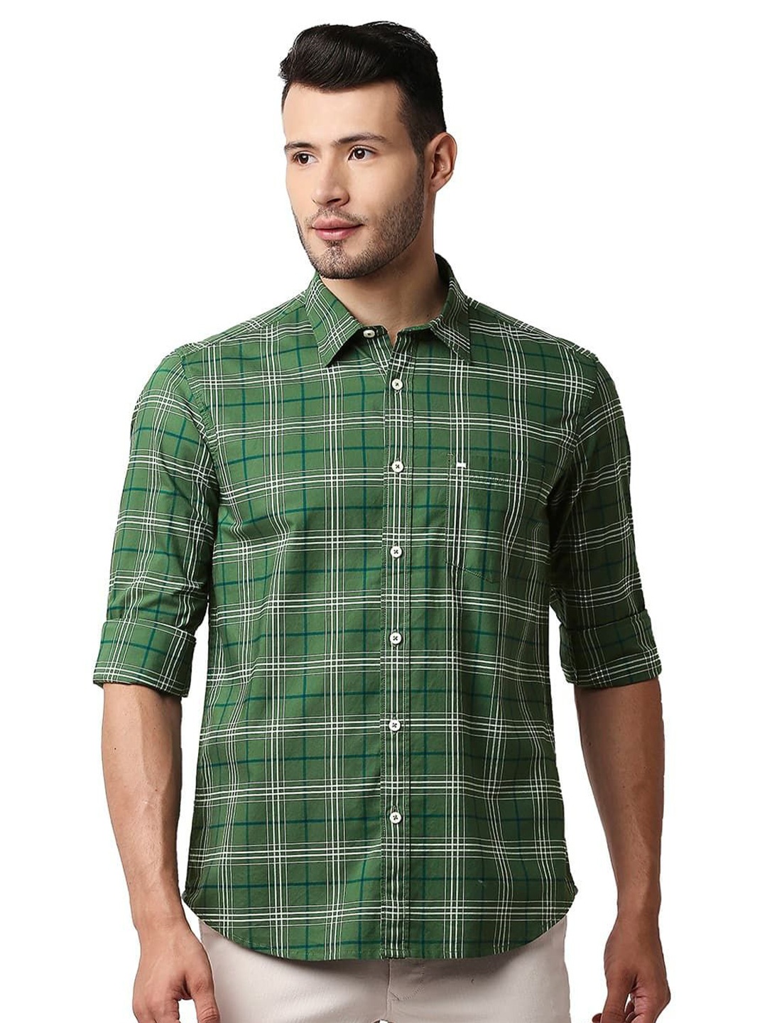 

Basics Men Relaxed Fit Spread Collar Tartan Checked Cotton Casual Shirt, Green