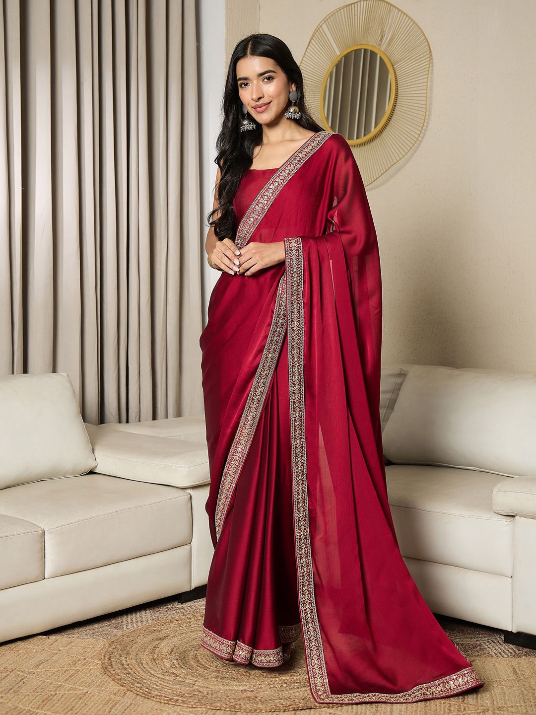 

Mitera Embellished Satin Ready to Wear Saree, Maroon