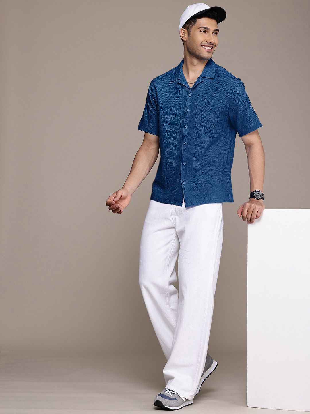 

SZN Men Standard Fit Cuban Collar Textured Casual Shirt, Blue