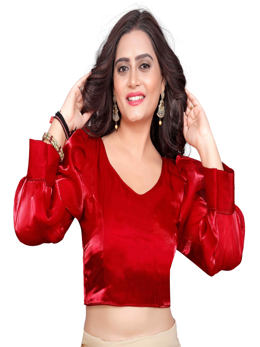 

HERE&NOW Women V-Neck Cuffed Sleeves Saree Blouse, Red