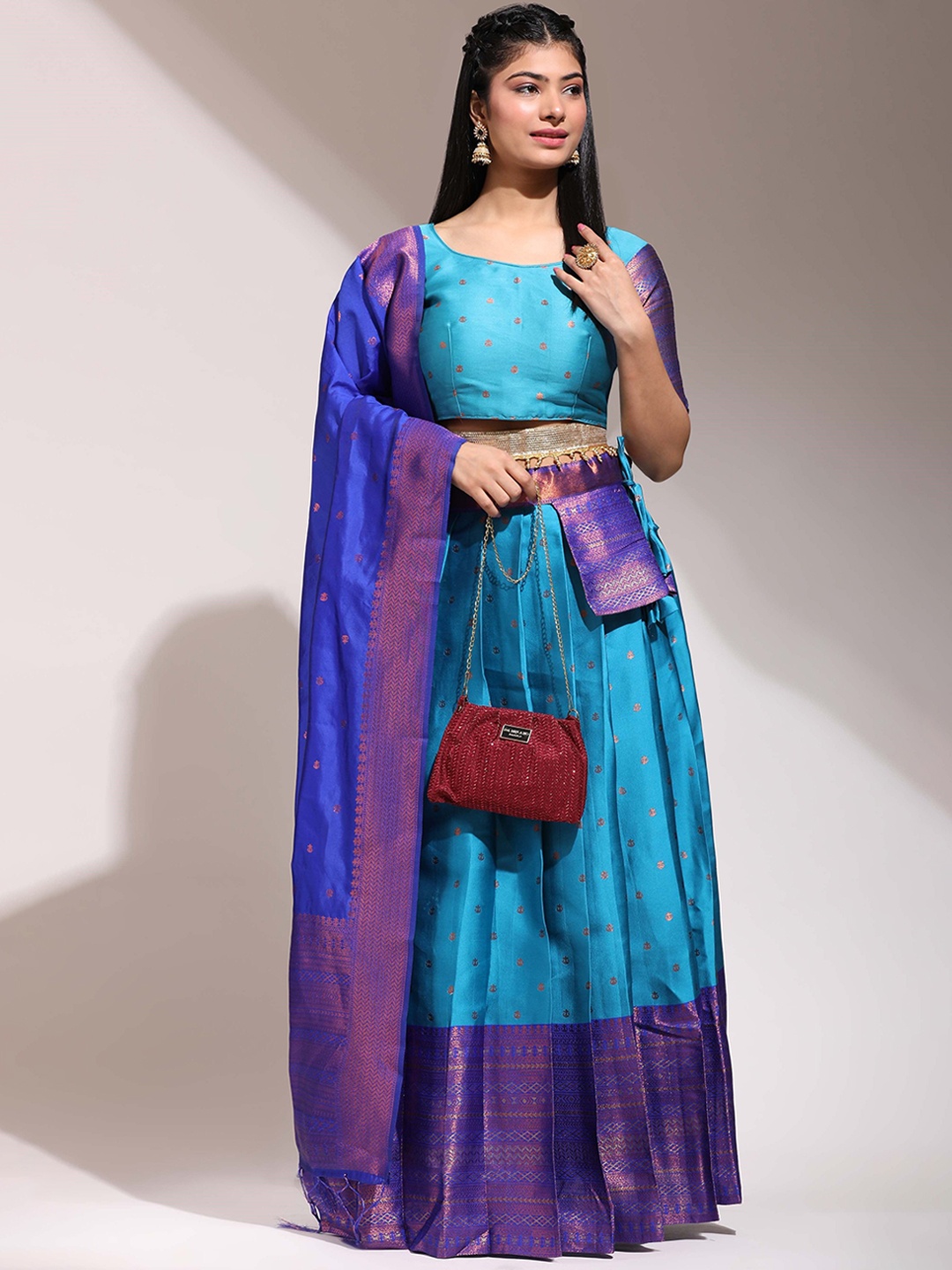 

DIVASTRI Floral Woven Design Zari Unstitched Blouse And Lehenga With Dupatta, Blue