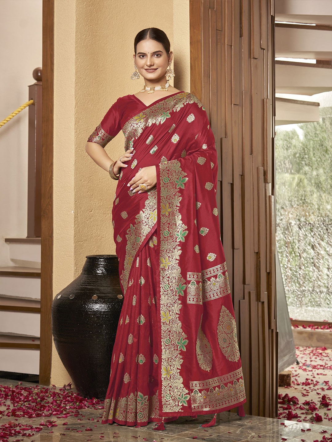 

SAREETHNIC Woven Design Zari Pure Silk Banarasi Saree, Red