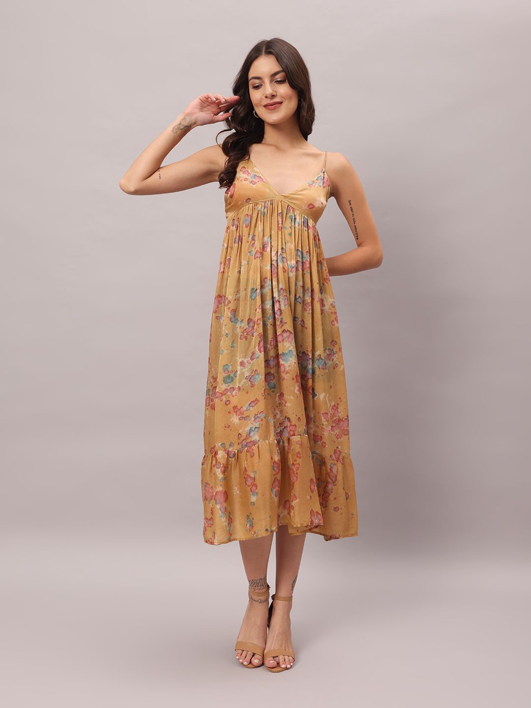 

BRIJAL LAD Floral Print Georgette Empire Midi Dress, Yellow