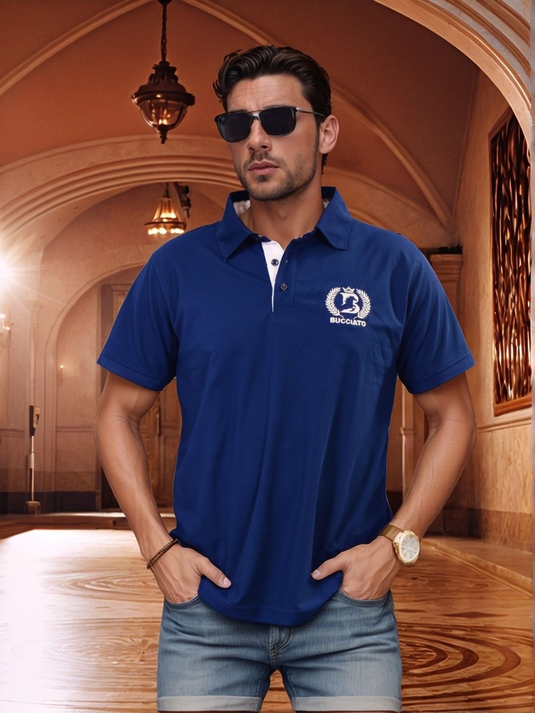 

Bucciato Private Limited Men Solid Polo Collar Cotton Slim Fit T-shirt, Blue