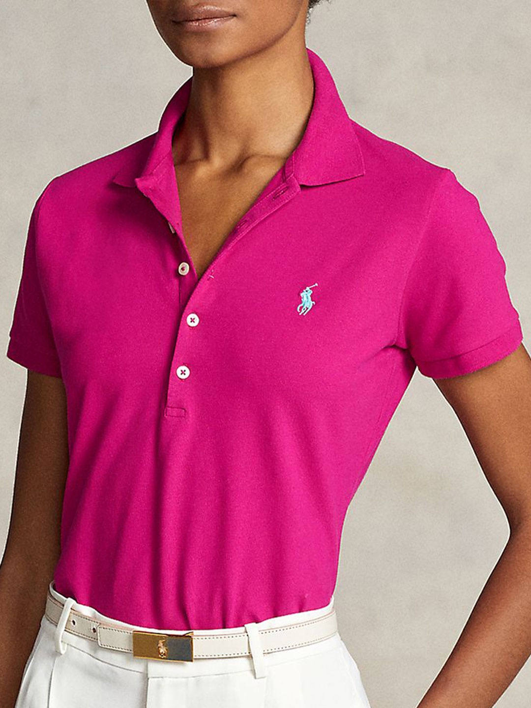 

Polo Ralph Lauren Women Solid Polo Collar Cotton Slim Fit T-shirt, Fuchsia