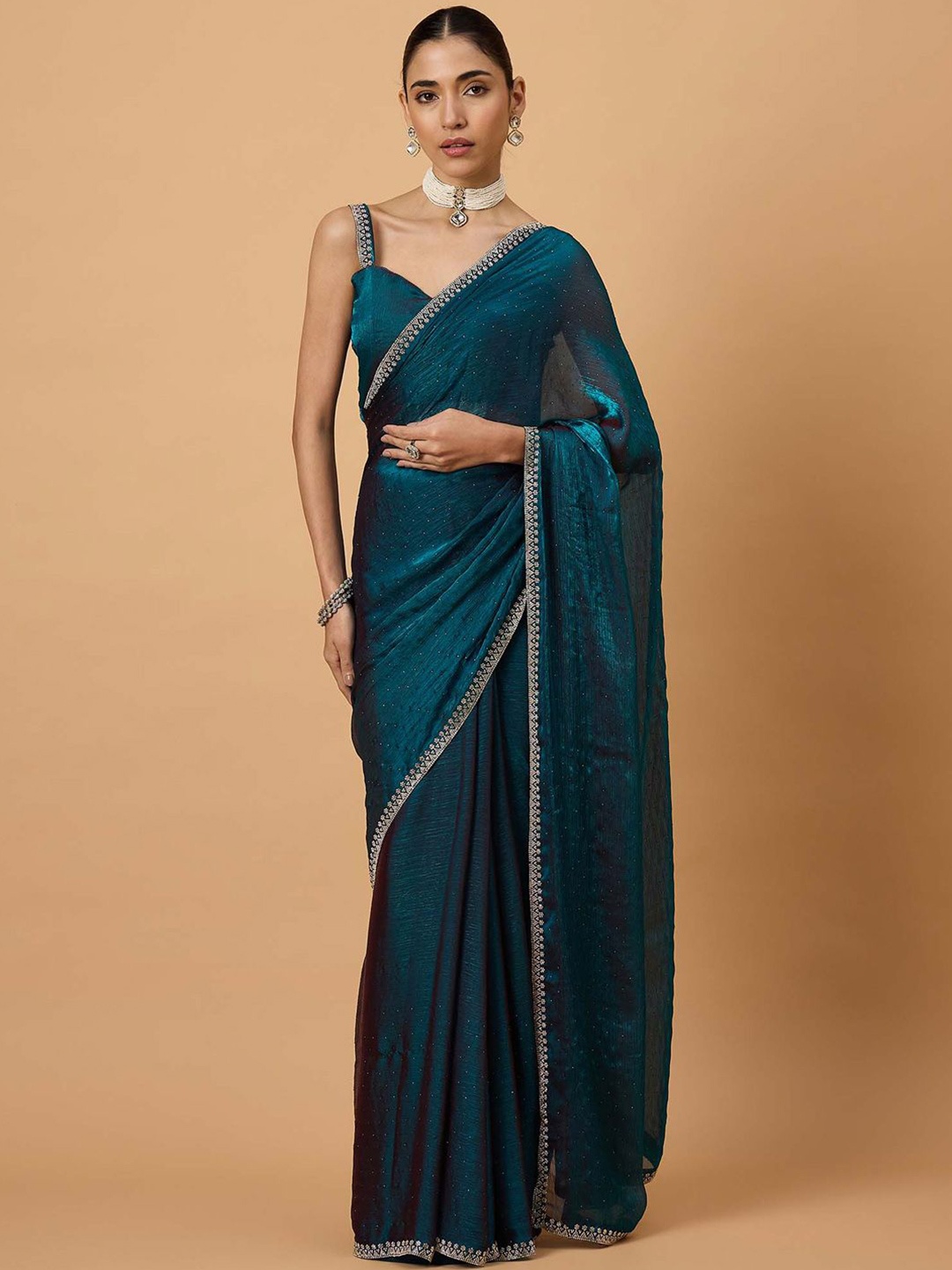 

all about you Embellished Beads and Stones Pure Chiffon Saree, Teal