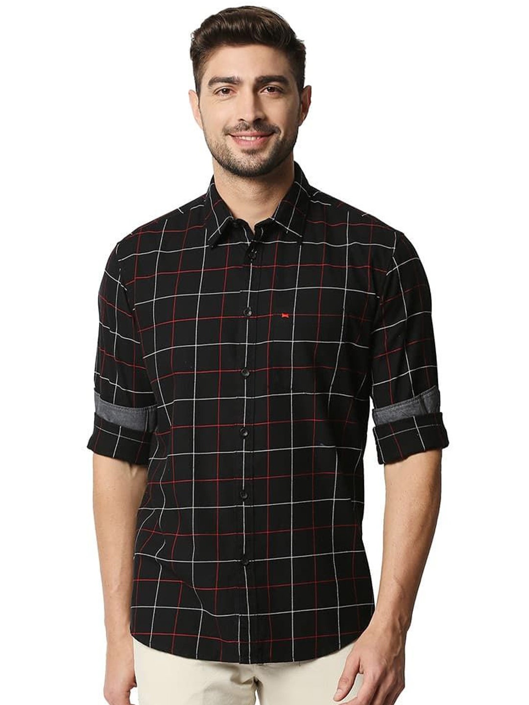 

Basics Men Relaxed Fit Spread Collar Grid Tattersall Checked Cotton Casual Shirt, Black