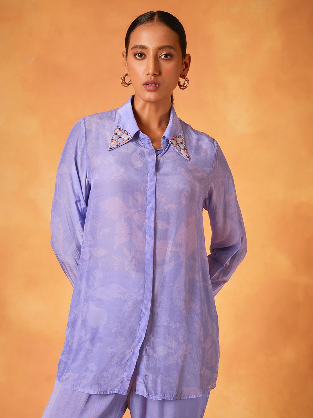 

SAUNDH Women Tropical Printed Shirt Collar Cotton Top, Purple