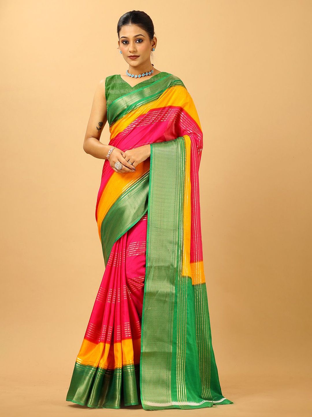 

A.V.M. SILK MILLS Woven Design Zari Saree, Green