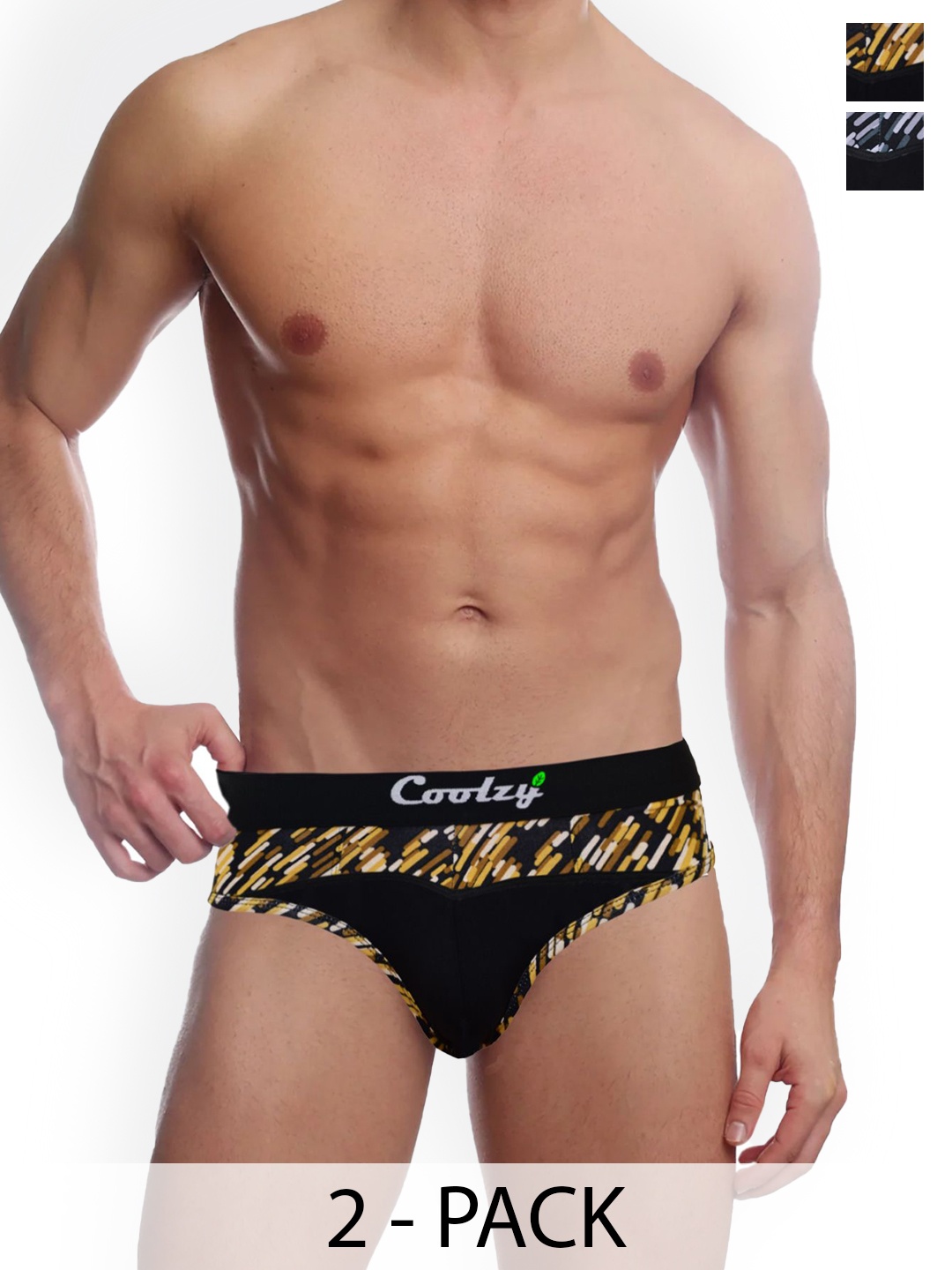 

COOLZY Men Pack Of 2 Printed Anti Microbial Mid Rise Briefs EOSHBF2K003, Black