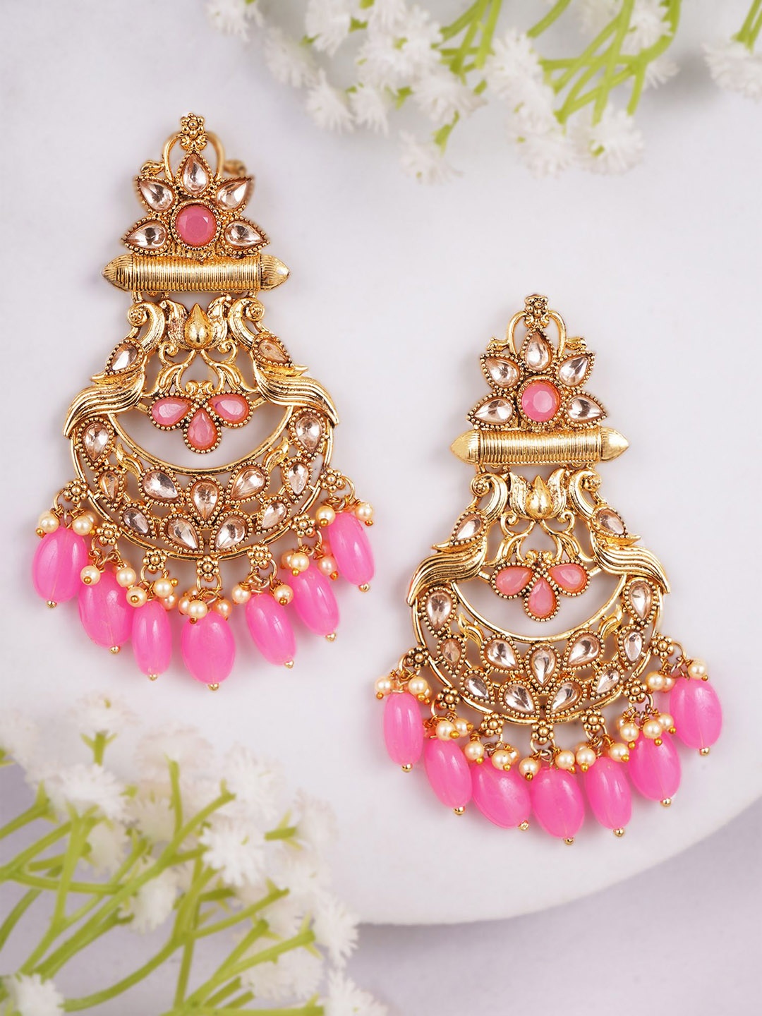 

Adwitiya Collection Gold-Plated Stones Studded & Pearl Beaded Peacock Shaped Drop Earrings