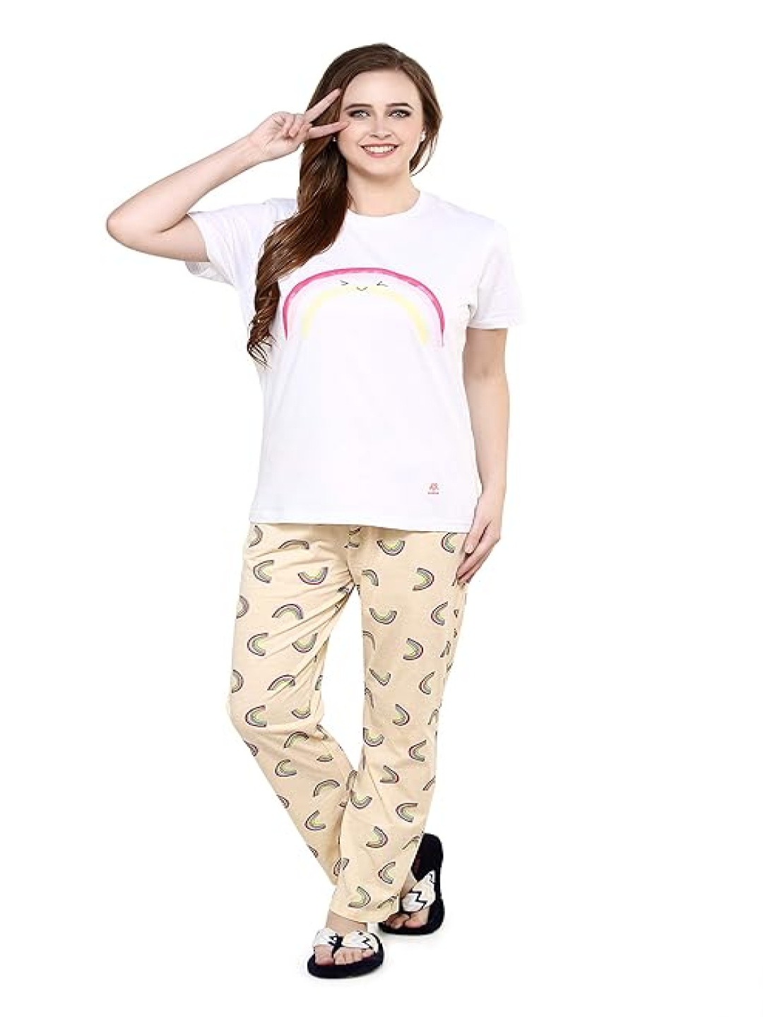 

evolove Women Printed Night suit, Cream