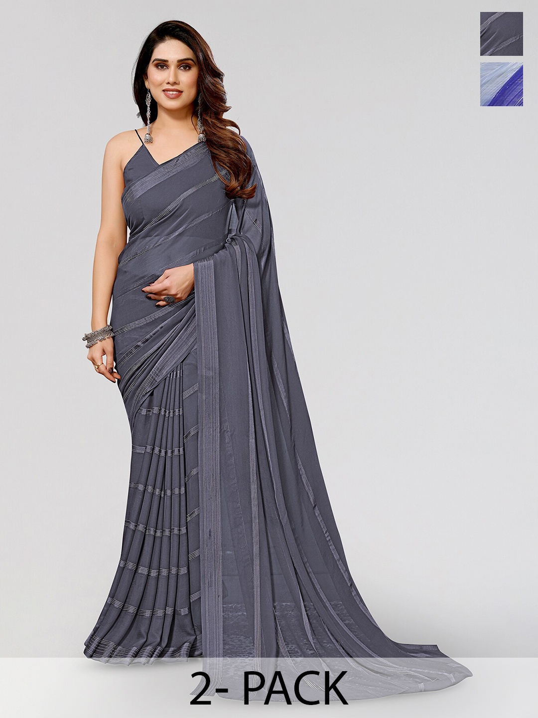 

Moda Rapido Set of 2 Striped Satin Sarees, Grey