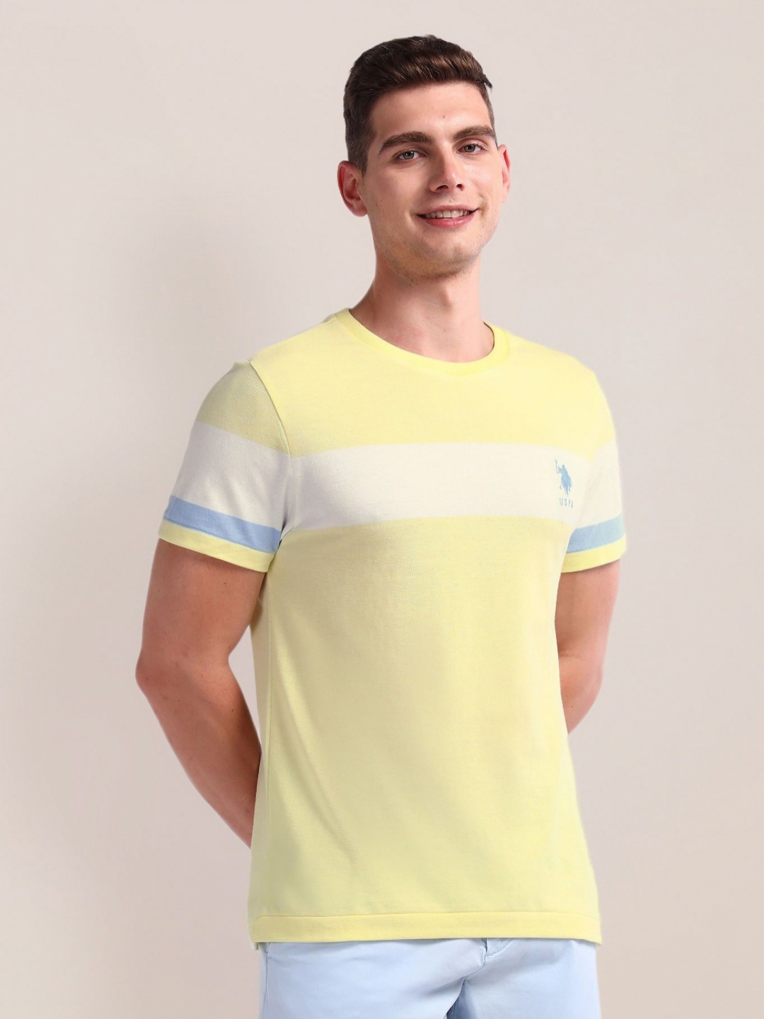 

U.S. Polo Assn. Men Colourblocked Round Neck Cotton T-shirt, Yellow