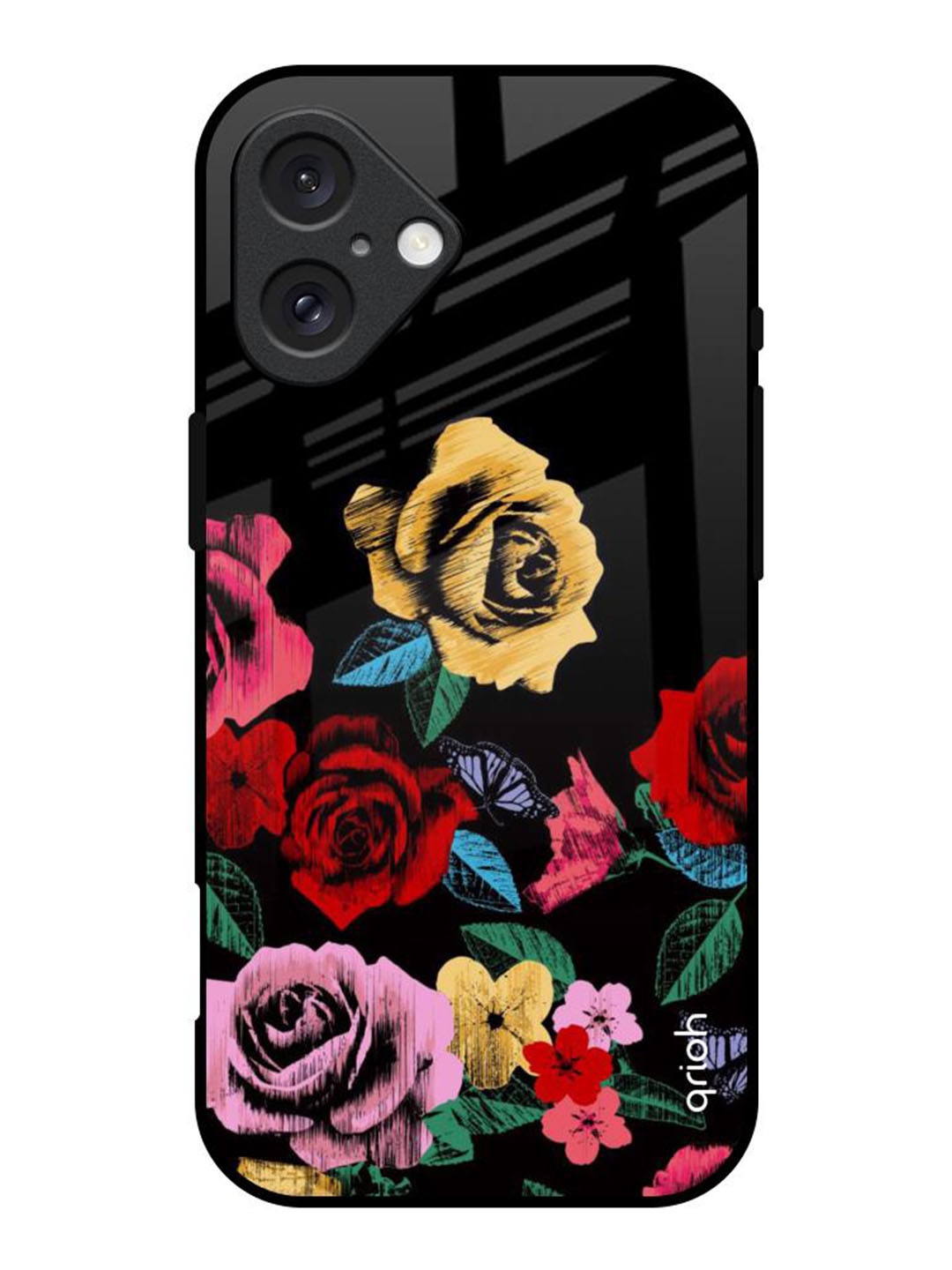 

QRIOH iPhone 16 Floral Decorative Glass Back Case, Black
