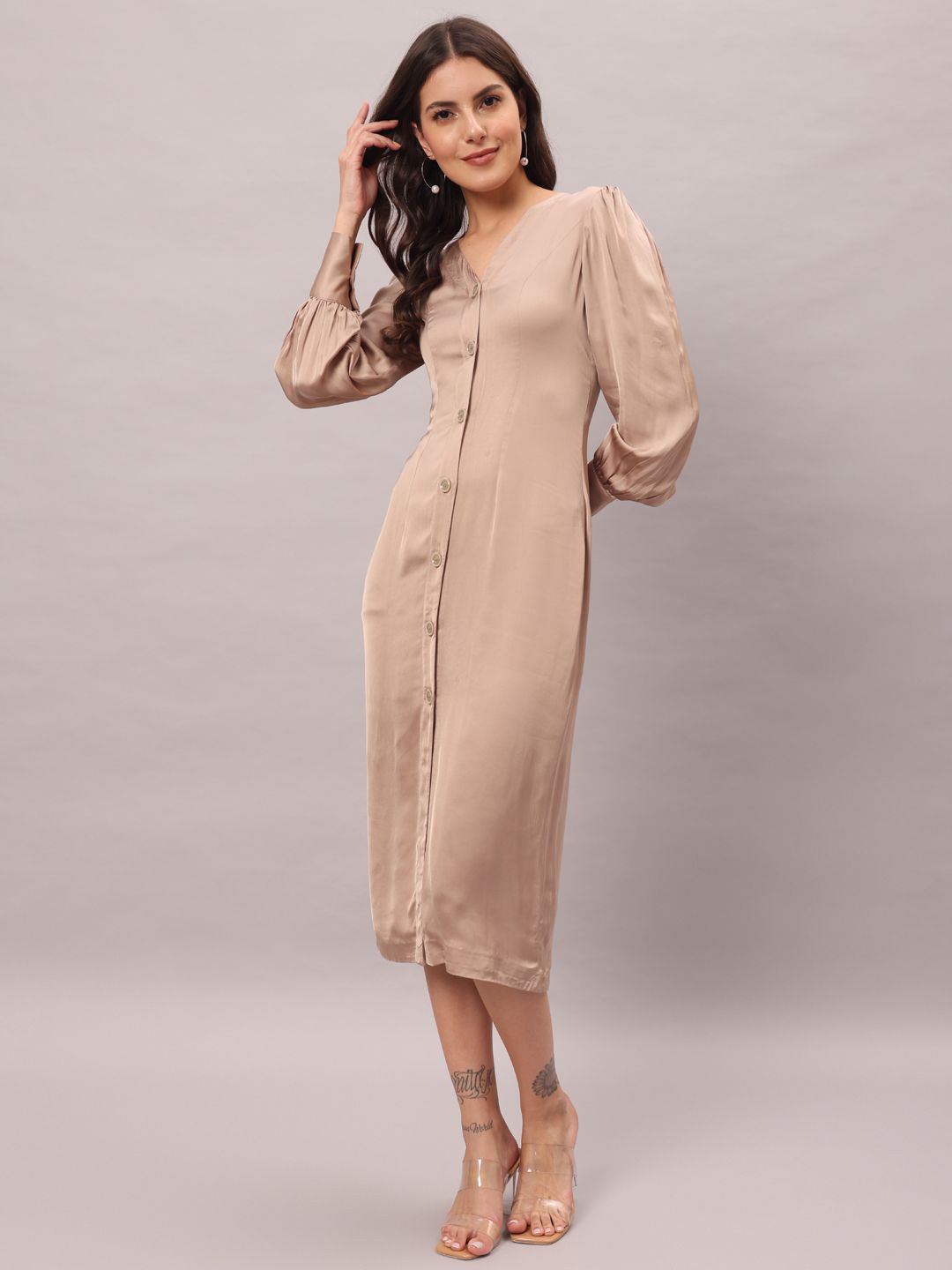 

BRIJAL LAD Women V-Neck A-Line Midi Dress, Cream