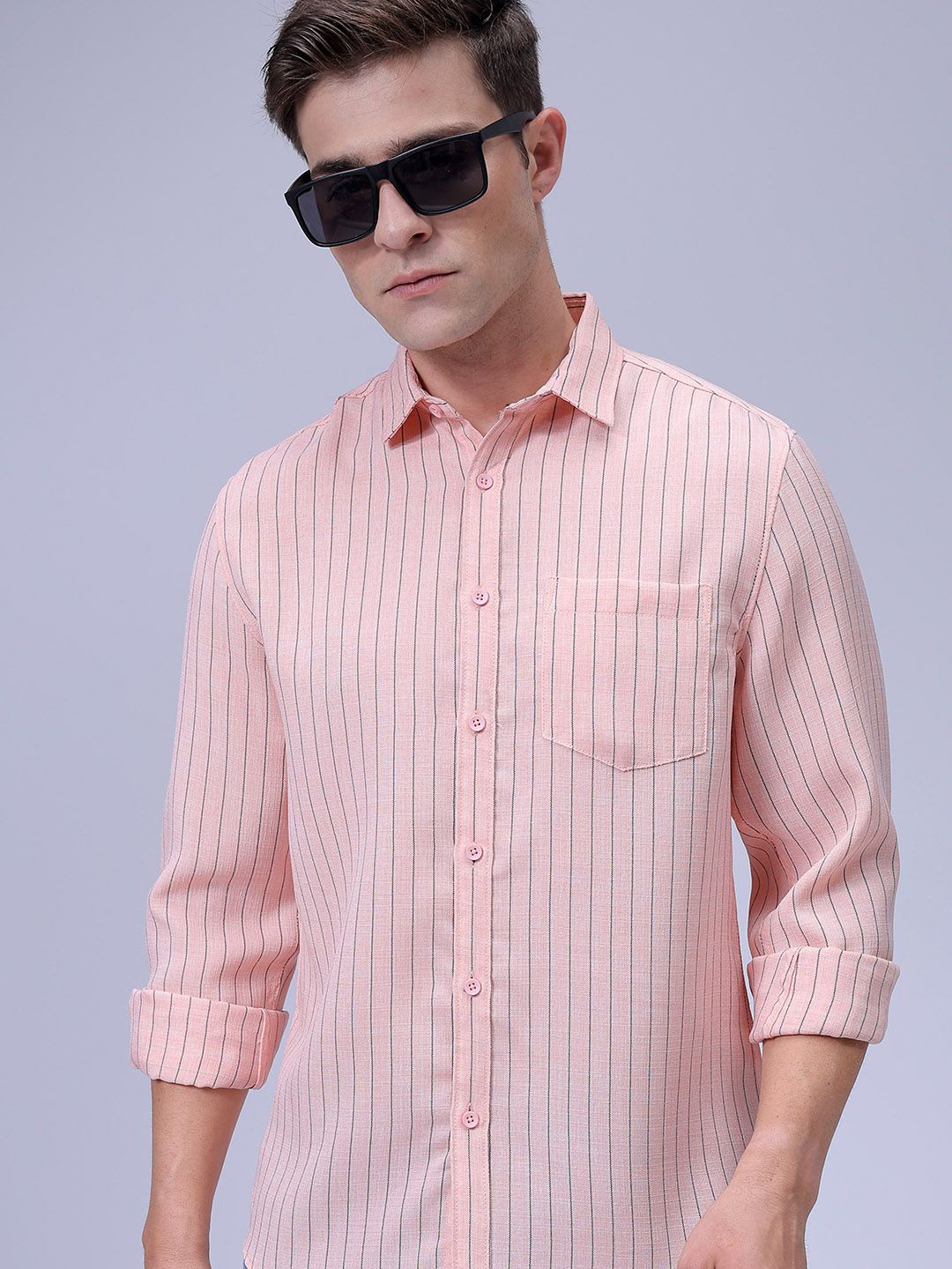 

The Indian Garage Co Men Slim Fit Spread Collar Vertical Striped Casual Shirt, Coral