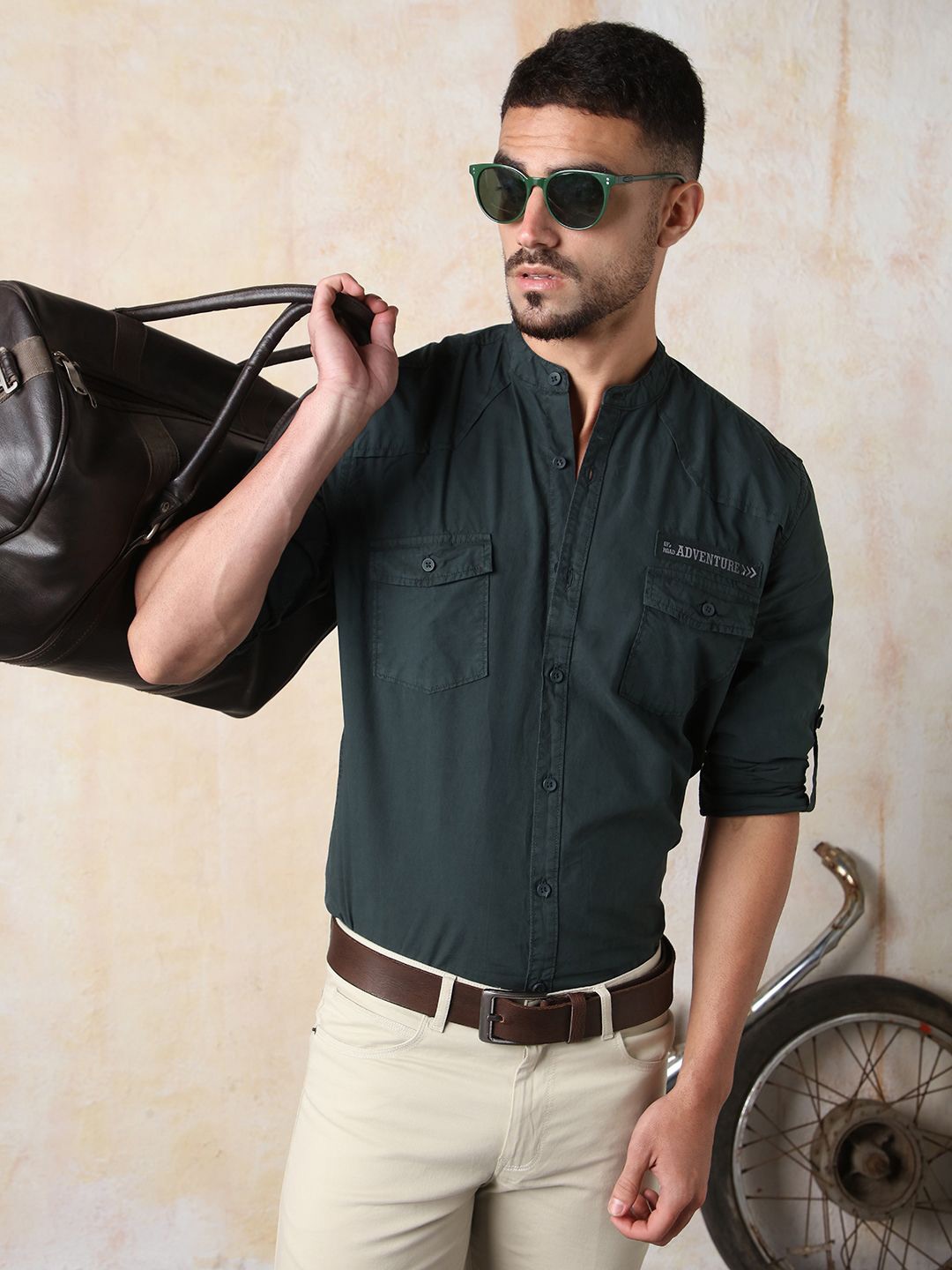

High Star Men Regular Fit Utility Heavy Washed Spread Collar Solid Cotton Casual Shirt, Olive