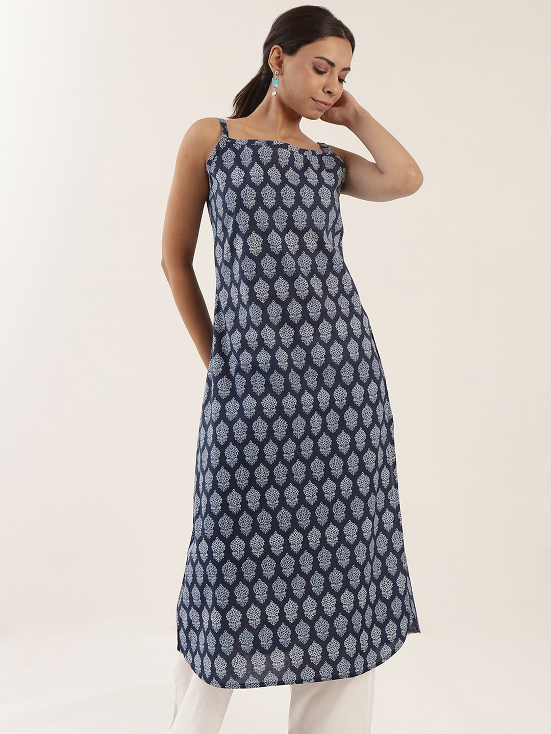 

TJORI Women Ethnic Motifs Printed Cotton Straight Kurta, Blue