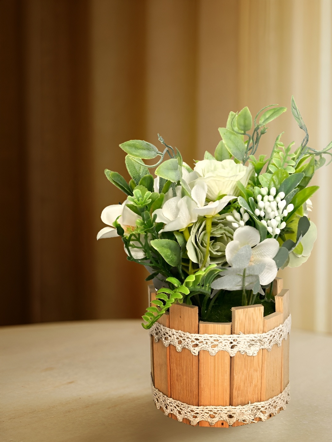 

Cortina White And Green Peony Artificial Flower With Wooden Pot