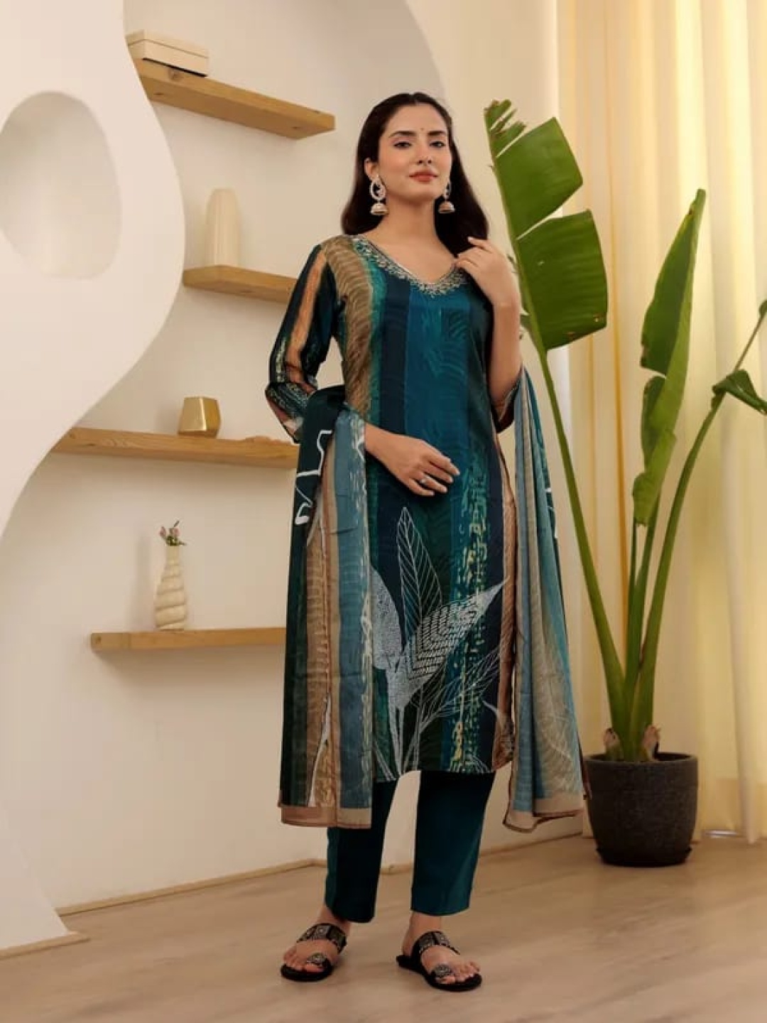 

Anouk Blue Floral Printed Beads And Stones V-Neck Straight Kurta With Trouser & Dupatta