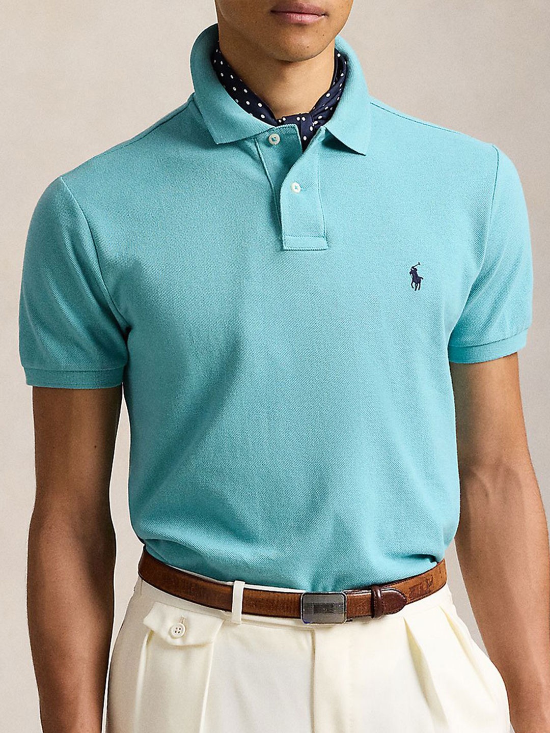 

Polo Ralph Lauren Men Solid Polo Collar Cotton Slim Fit T-shirt, Turquoise blue