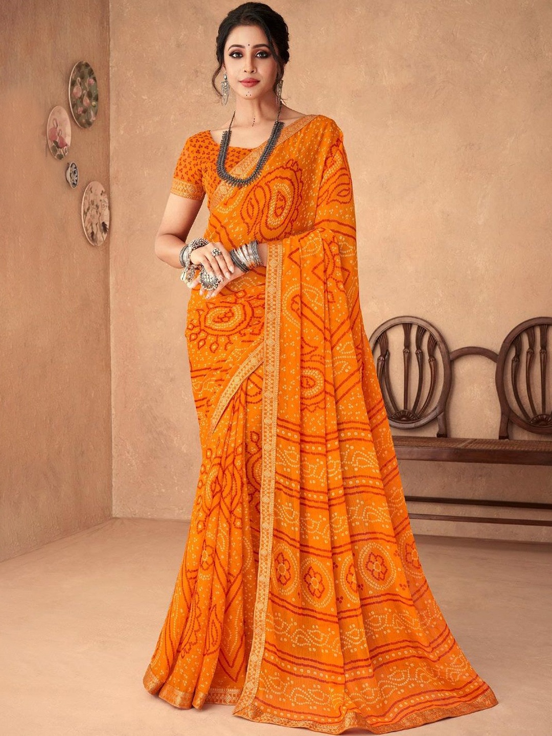 

DURGA EMPORIO Bandhani Sequinned Pure Chiffon Bandhani Saree, Mustard