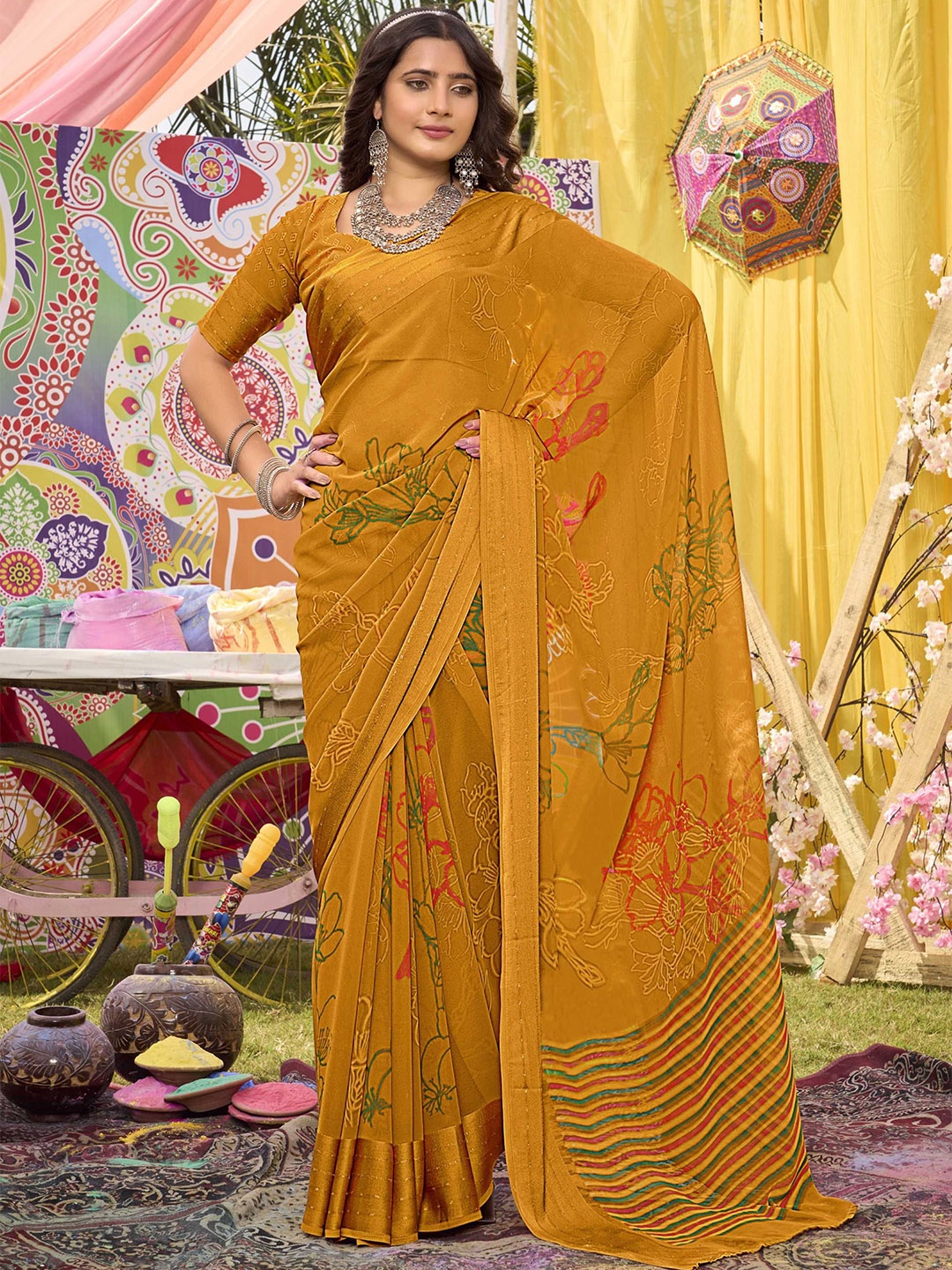 

DIVASTRI Floral Zari Poly Georgette Saree, Yellow