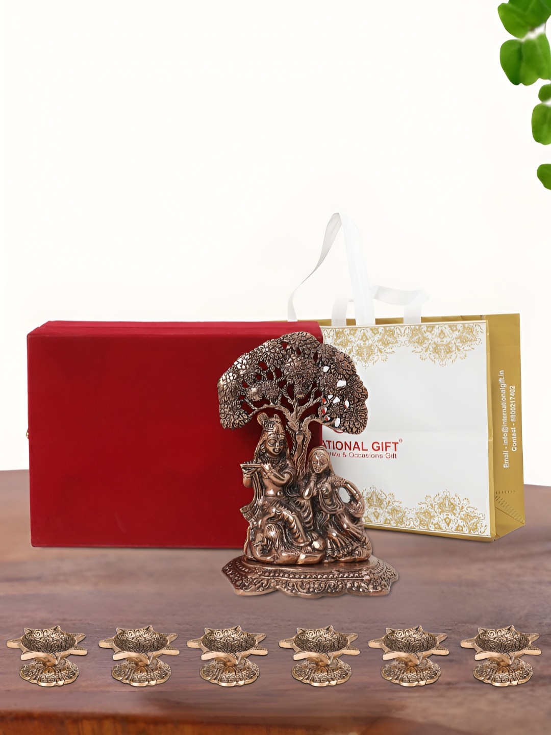 

INTERNATIONAL GIFT Brown Radha Krishna Idol with 6 Diya and Box, Copper