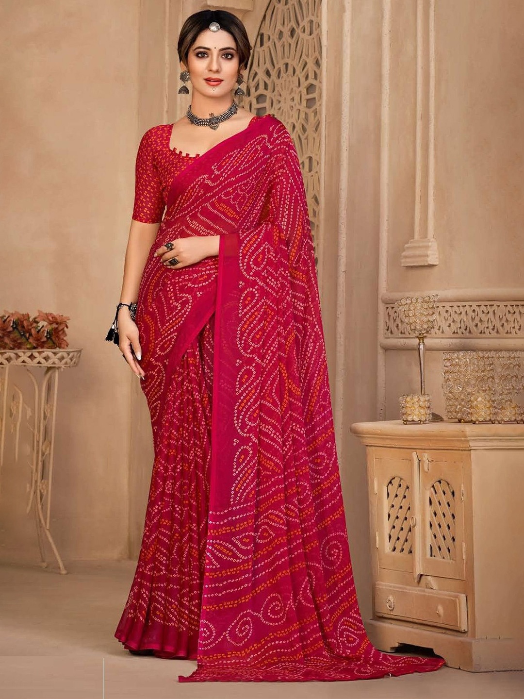

DURGA EMPORIO Bandhani Printed Pure Chiffon Saree, Magenta