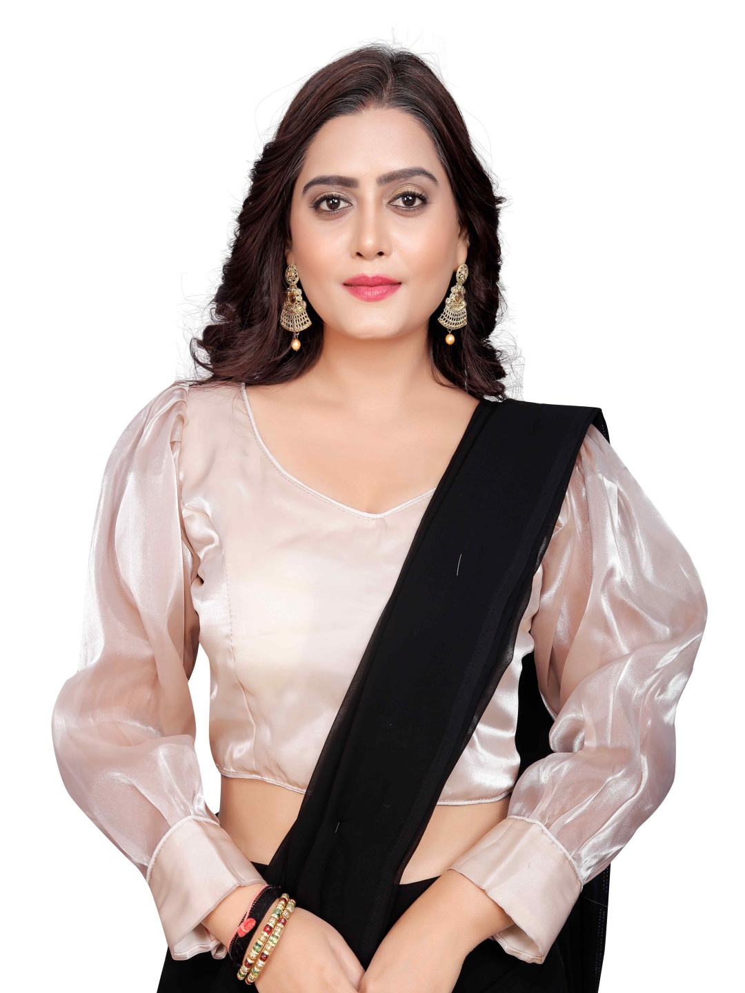 

HERE&NOW V Neck Plated Saree Blouse, Cream