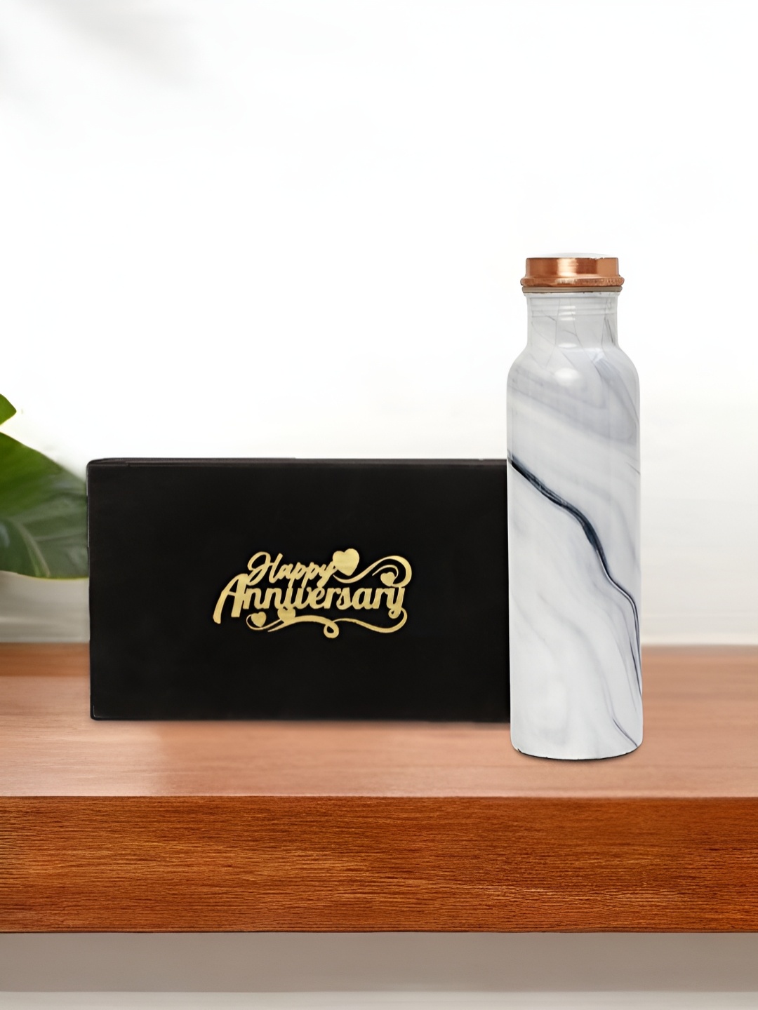 

INTERNATIONAL GIFT White Printed Pure Copper Water Bottle With Velvet Box & Bag - 950 ml