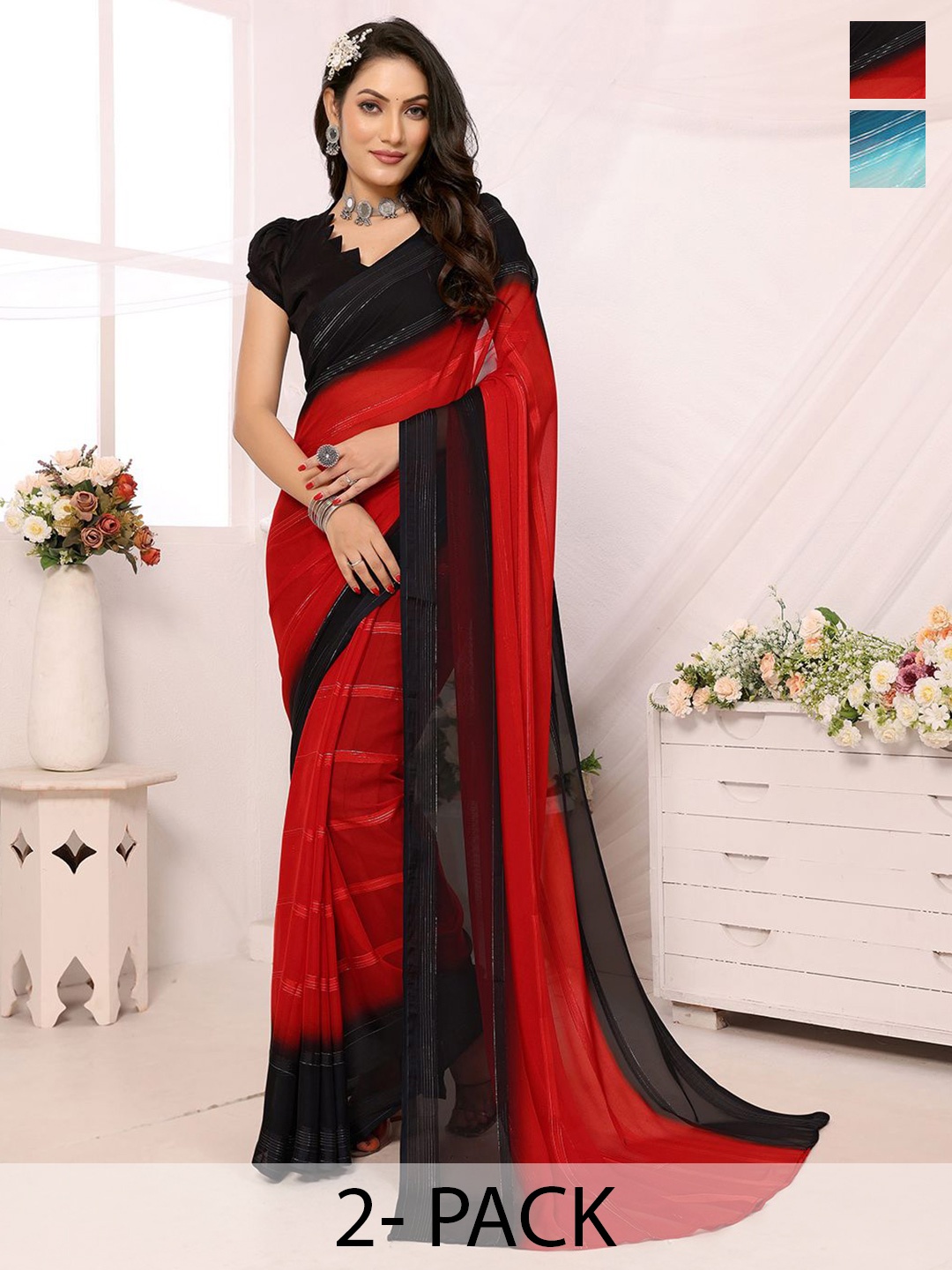 

Moda Rapido Set of 2 Striped Satin Sarees, Red