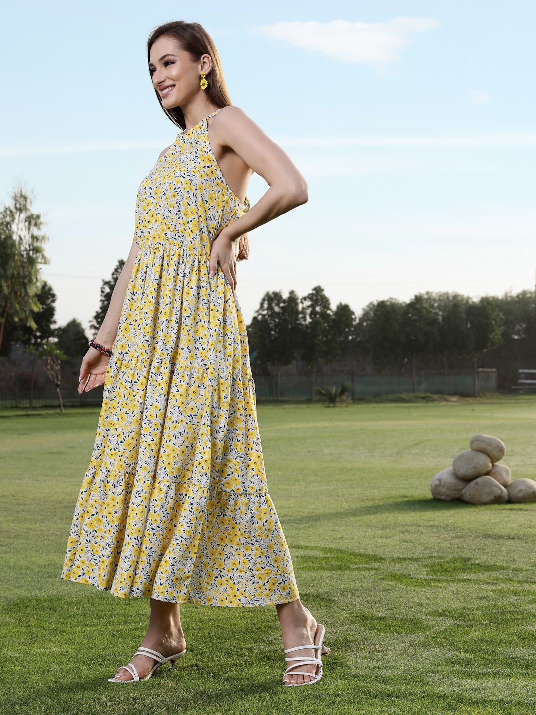 

Sera Floral Print Tie-Up Neck Fit & Flare Maxi Dress, Yellow