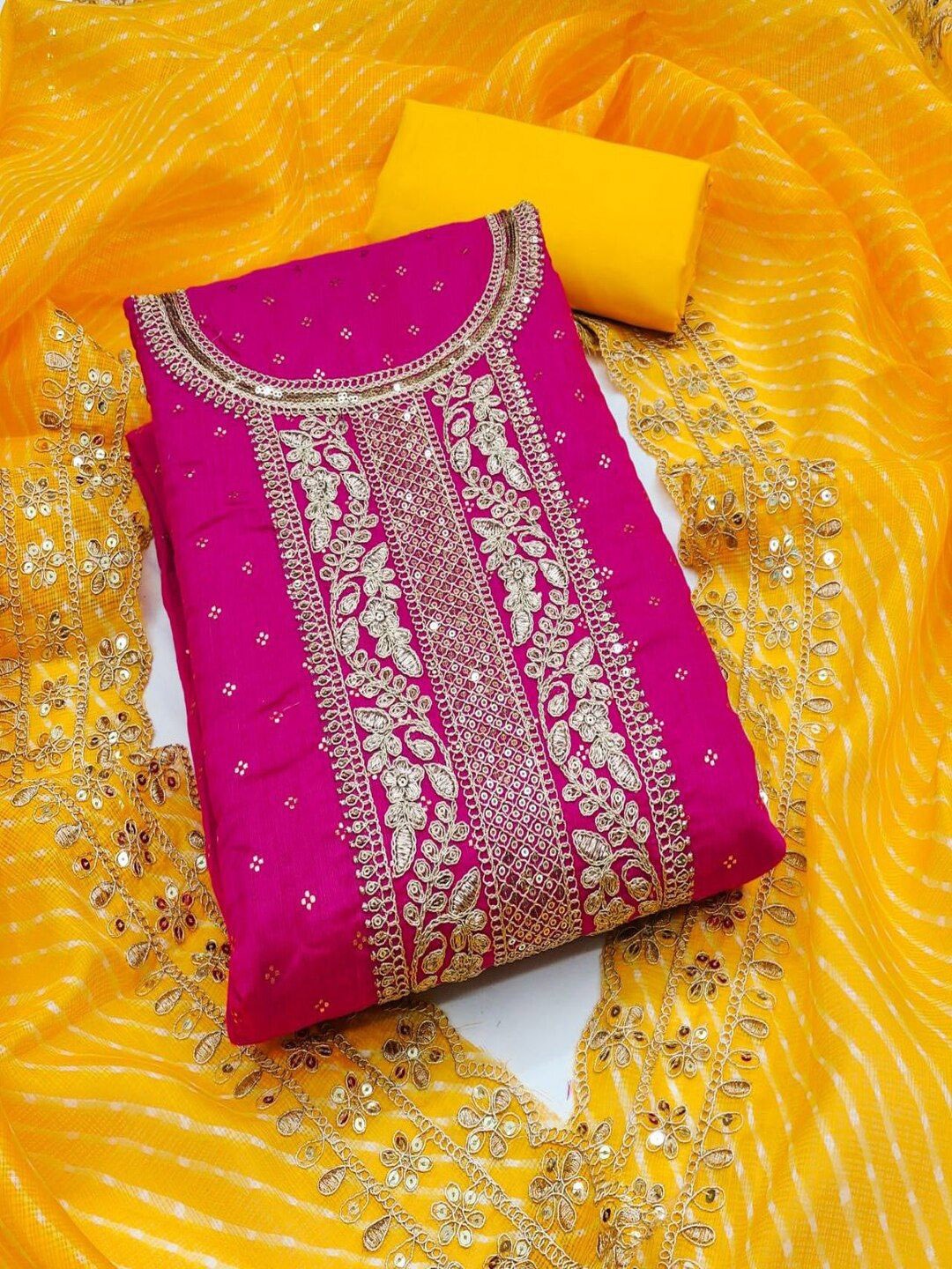 

SHIJILA Floral Embroidered Zari Unstitched Dress Material, Pink