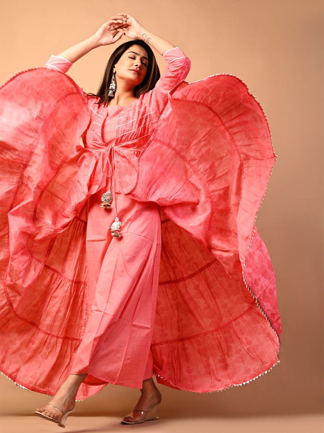 

Anootha Floral Print Layered Fit & Flare Maxi Dress, Pink