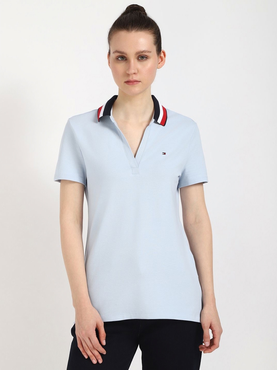 

Tommy Hilfiger Women Solid Polo Collar Cotton T-shirt, Blue