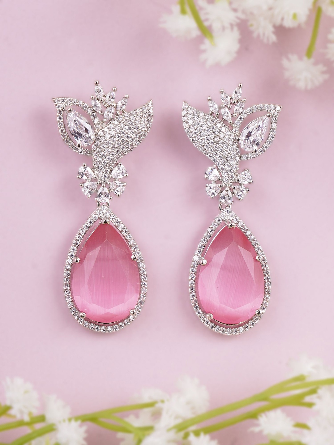 

Adwitiya Collection Rhodium-Plated American Diamonds Studded Teardrop Shaped Drop Earrings, Silver