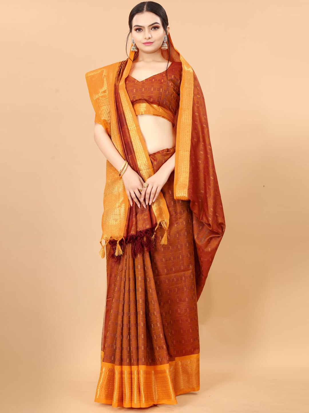 

DIVASTRI Woven Design Zari Ikat Saree, Brown
