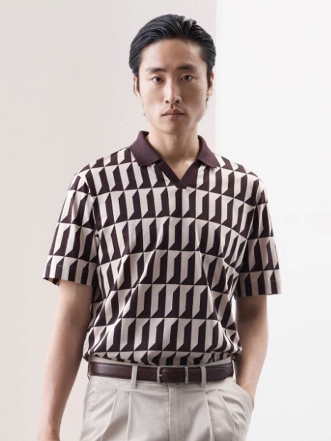 

Marks & Spencer Men Geometric Printed Polo Collar Cotton T-shirt, Brown