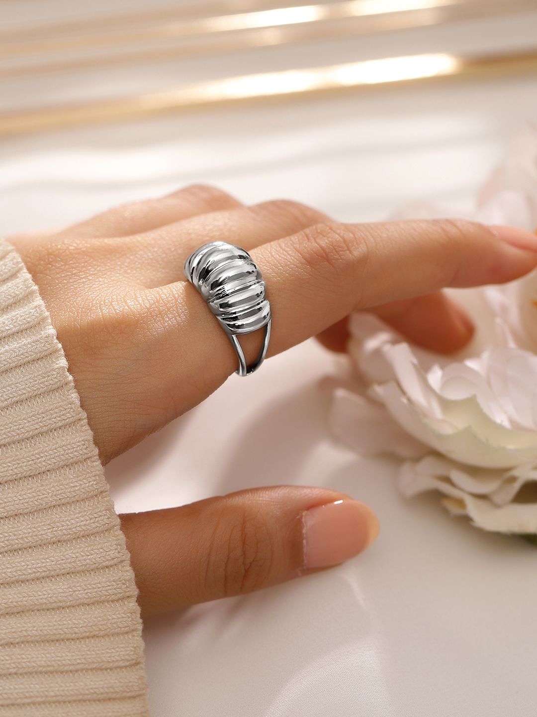 

Rubans Voguish Rhodium Plated Textured Dome Adjustable Statement Ring, Silver