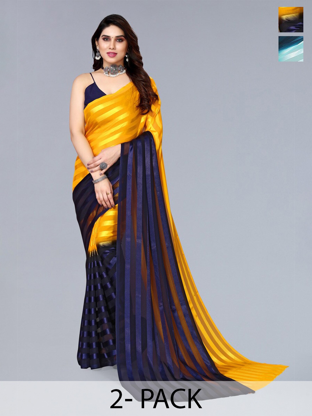 

Moda Rapido Set of 2 Striped & Embellished Satin Saree, Yellow