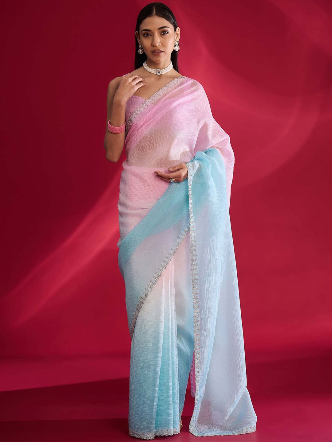 

all about you Ombre Beads and Stones Tissue Saree, Blue