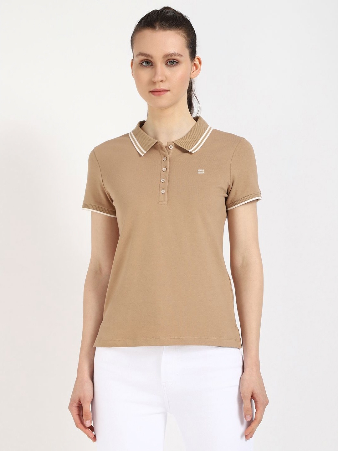 

Tommy Hilfiger Women Solid Polo Collar Cotton Slim Fit T-shirt, Beige