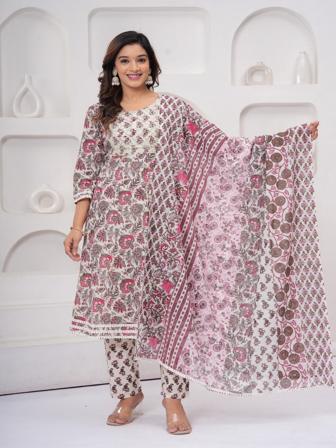 

CHIRAAI Floral Printed Thread Work Pure Cotton A-Line Kurta With Pyjamas & Dupatta, Peach